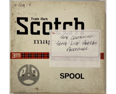 BEATLES LIVE RECORDINGS TAPE REEL. A 7" reel of Scotch audio tape with Beatles live recordings and interviews. See images for