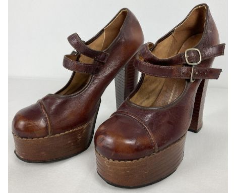 A pair of vintage 1970's brown leather chunky platform double buckle shoes. By Freeman Hardy &amp; Willis, with 5" heels. 