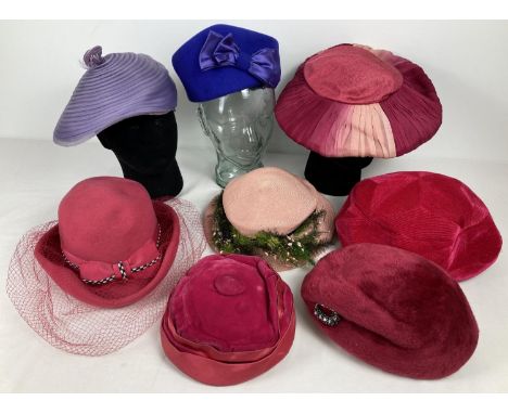 8 assorted women's vintage hats in pink and purple colours. Various designs, to include examples from Bermona Trend and Harve