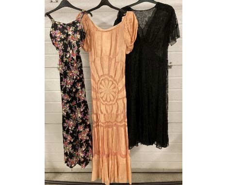 3 vintage 1930's/40's full length evening dresses, 2 with lace detail and 1 in a floral design. 