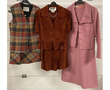 3 vintage 2 piece skirt and dress suits. Comprising: Dereta wool tweed style suit, Suede &amp; Leathercraft Ltd suede jacket 