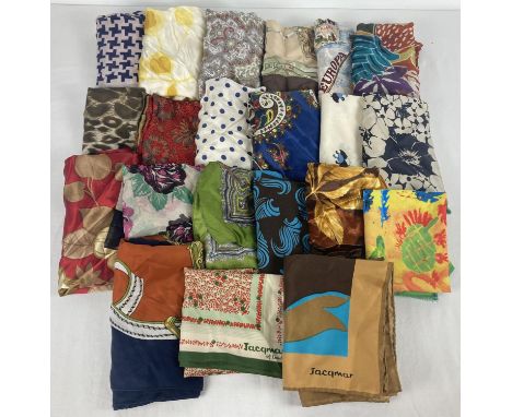 A collection of 21 assorted vintage square scarves, to include silk. Examples include Jacqmar. 