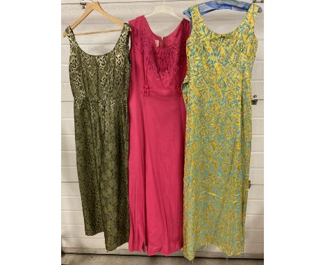 3 vintage 1960's full length, sleeveless cocktail dresses - 2 with metallic thread. To include Russell Stewart and ELO Fashio