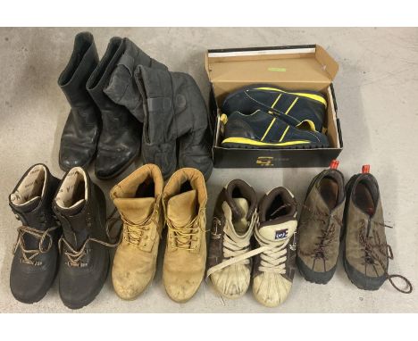 A box of assorted men's work and sports boots and shoes. To include: new &amp; boxed Grafters steel toed suede trainers, vint