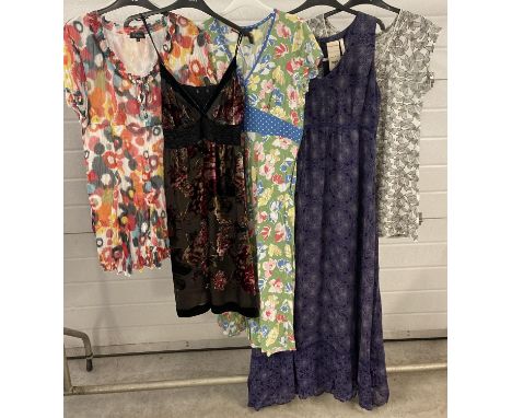 5 women's high street brand dresses and tops. A blue chiffon overlay maxi dress by White Stuff (size 14); a butterfly print l