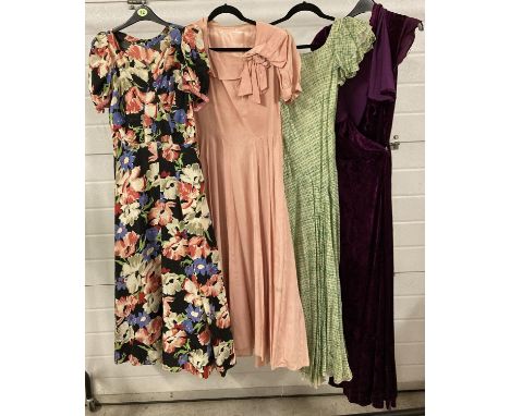 4 vintage 1930's/40's short sleeved, full length evening dresses. To include taffeta and velvet. 