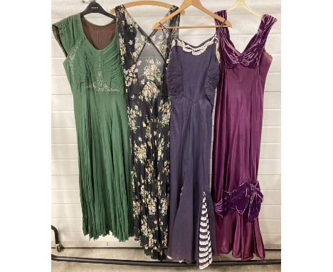 4 vintage 1930's/40's chiffon and satin full length, sleeveless evening gowns. 