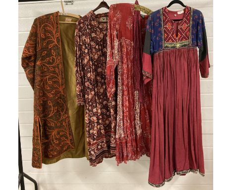 4 items of vintage Bohemian clothing. 3 long sleeved dresses and an embroidered open fronted coat. To include Interlinks, Lon