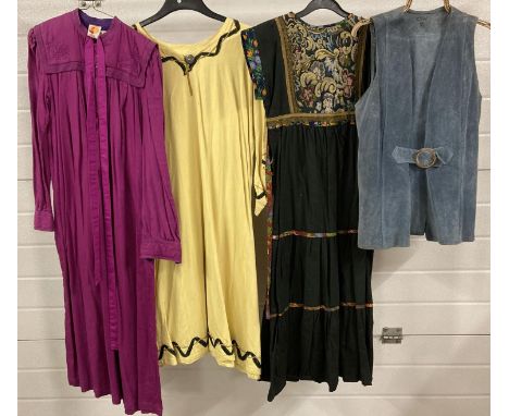 4 items of vintage 1790's clothing. 3 tunic style dresses together with a denim blue suede waistcoat with circular shaped buc