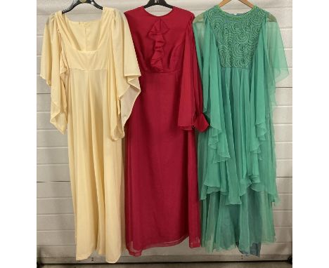 3 vintage 1970's angel sleeved maxi dresses to include Peterson Maid of London. 