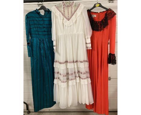3 vintage 1970's full length, long sleeved maxi dresses. Comprising: Ceremonia, Shampers and California. 