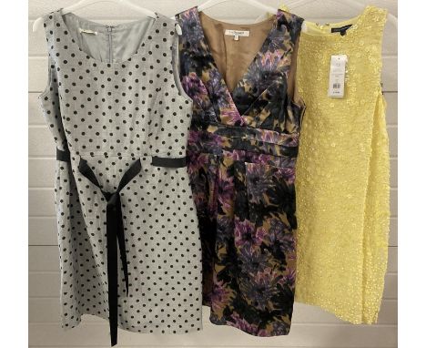 3 designer wear women's dresses. A yellow beaded shift style dress by French Connection with original tags (size 14); a vinta