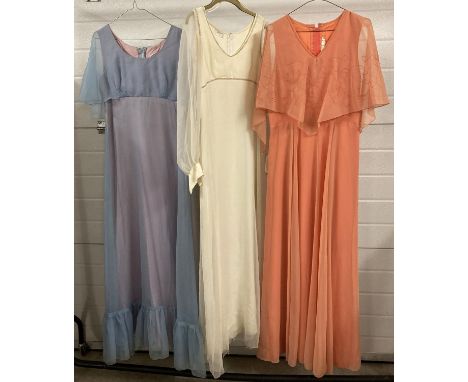 3 vintage 1970's chiffon detailed maxi dresses. In varying conditions. 