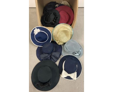 A large box of assorted vintage womens wide brimmed occasion hats. To include: Jacques Vert, Jaeger and Noto. 