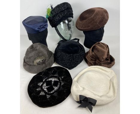 8 assorted vintage hats in varying colours and designs. To include velvet, satin, astrakhan and felt. 