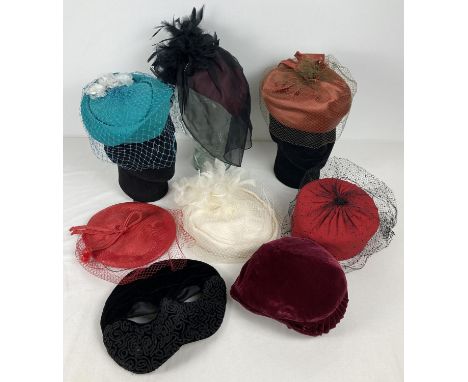 8 assorted women's vintage occasion hats. To include feather, netted and veiled examples. In various colours, materials and d