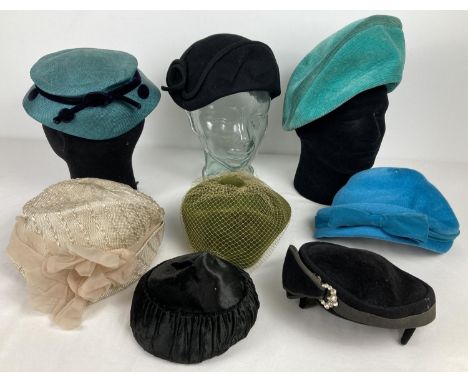 8 assorted vintage hats in black and green colours. To include: Marshall &amp; Snelgrove; Miss Sally Victor, New York and Jay