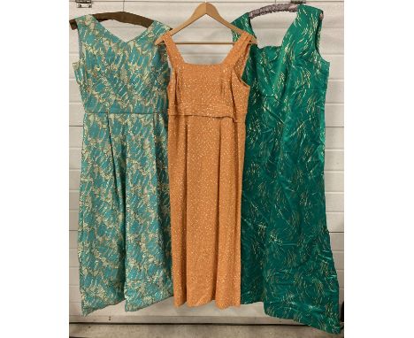 3 vintage 1960's full length evening/cocktail dresses with metallic detail. To include Netta and Global. 