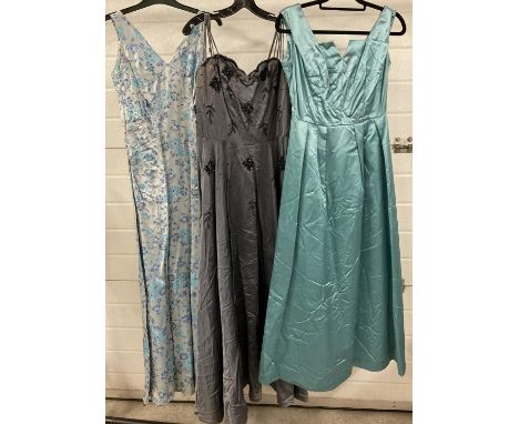 3 vintage 1950's satin sleeveless, full length evening dresses in blue &amp; silver tones. To include Green-Craft Models. 