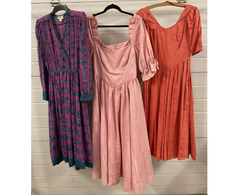 3 vintage 1980's dresses - 2 evening dresses and a day dress, all in pink tones. To include Laura Ashley and Frank Usher. 