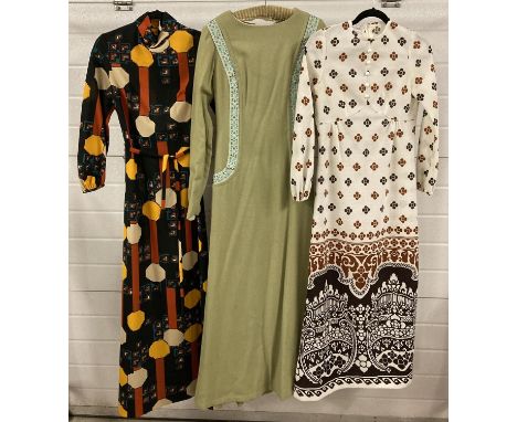 3 vintage 1960's full length, long sleeved dresses in neutral tones. To include Ray Anthony, London. 
