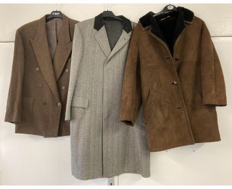 3 mens jackets and coats. A brown wool jacket by River Island (40 inch chest), a vintage brown sheepskin jacket by Richard Dr