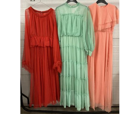 3 vintage 1970's chiffon maxi dresses, 2 long sleeved. To include Jean Veron and Josh Charles. 