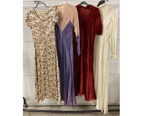 4 vintage 1930's/40's evening dresses. 2 shorted sleeved &amp; 2 long sleeved, to include Manhatten Frocks. 
