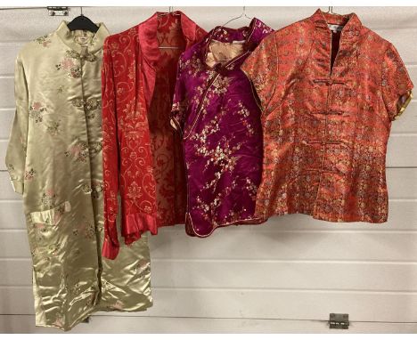 4 vintage Oriental satin material jackets and tops. In varying colours, to include Canberra Co and YHSK. 