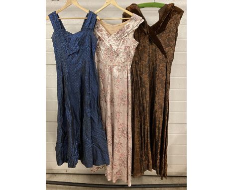 3 vintage 1950's sleeveless full length cocktail dresses, 2 satin &amp; 1 with metallic thread. To include Jean Allen. 