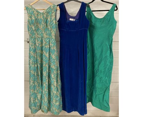 3 vintage 1960's sleeveless full length cocktail dresses in blue &amp; green colours. To include Global. 