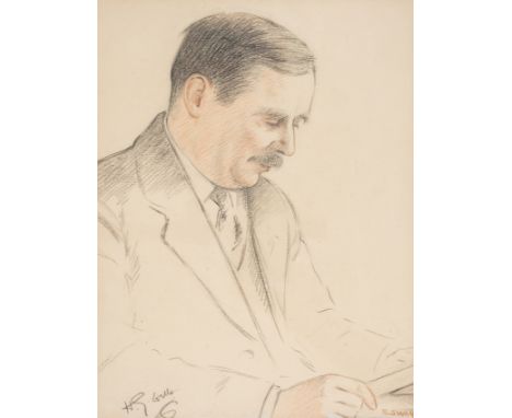 Wells (H. G.).- Swan (Robert J.) Portrait of H. G. Wells writing,&nbsp;coloured chalks, signed lower right, inscribed with si