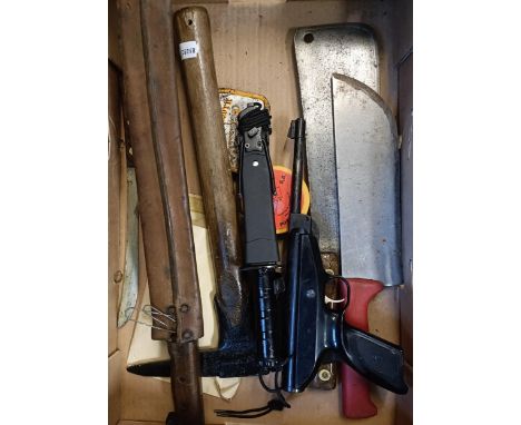 A Tex .22 air pistol, a machete, an ACME axe and other items (box)