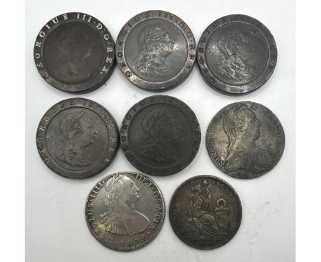 Five George III cartwheel 2d coins, two other coins and a Thaler