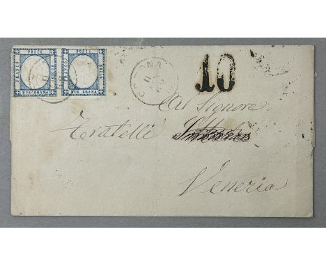 Italy- Neapolitan States- A fine 1862 letter to Venice franked with a pair of the 2grana blue value cancelled with the Cetona