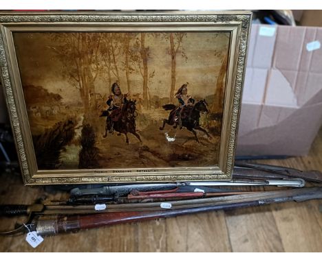 A group of assorted swords, foils, scabbards, daggers and an overpainted print, French Dragoons Retreating (qty)The 19th cent