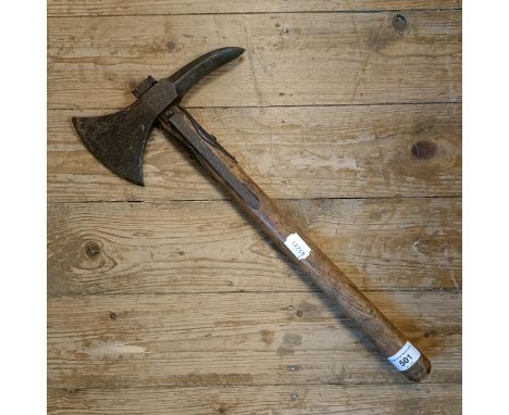 A French model 1833 boarding axe, 50.5 cm high (overall)General wear, a few worm holes, slight surface rust, with a belt hook