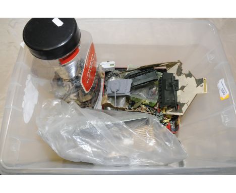 Box of plastic army figures, tanks, buildings etc.