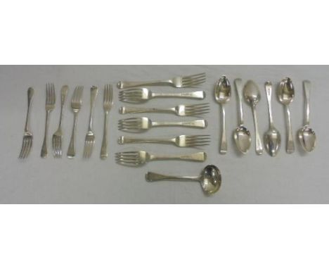 Old English Flatware comprising 6 Old English Pip Dining forks by George Angell, 6 dessert forks, 6 dessert spoons by William