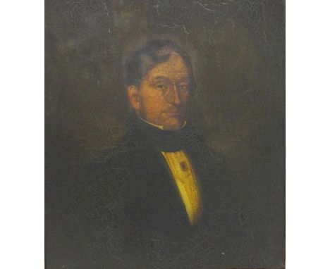 C19th Oil on Canvas Portrait of a distinguished gentleman, jacket with a white shirt, gilt slip no frame 