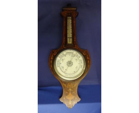 C19th Rosewood & Marquetry Aneroid Wheel Barometer, case inlaid with bellflowers, scroll, leaves & urn, ceramic dial with cer