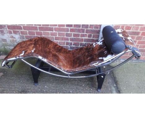 Le Corbusier Style Chrome Chaise/Day Bed on jappaned base with centre section stretcher, natural animal hide cover & leather 
