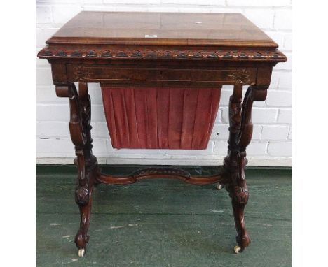 Mid C19th Victorian Figured & Burr Walnut Work Table/Writing Desk, hinged lid with small marquetry panels revealing adjustabl