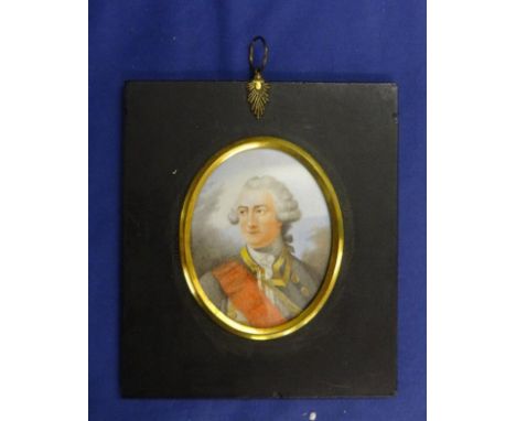 C19th Miniature of a Gentleman with grey coat/red sash, gilt edging 