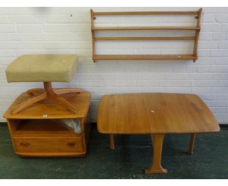 Ercol Television Stand with lower drawer, open hutch, Drop Flap Coffee Table, Stool on 4 raised square sectioned supports & E