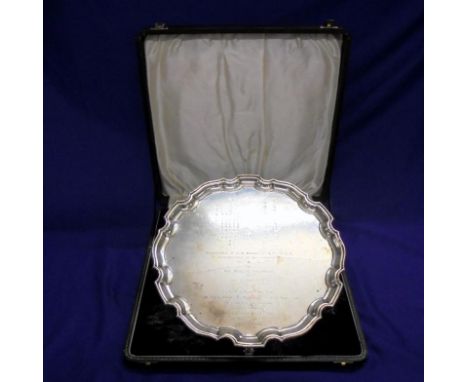 Chippendale Style Silver Salver by Adie Brothers, hallmarked Birmingham 1949 on 3 scroll supports, fitted case with inscripti