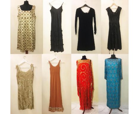 Ladies Vintage/Modern Evening Dresses incl. Tailored  Gold brocade shift dress, gold heavily beaded dress, Frank Usher heavy 