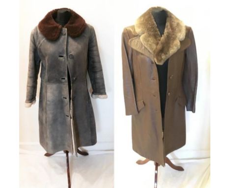 Ladies Vintage 70s? Brown Leather Coat with fur collar & Vintage Ladies 'Antartex' Lambskin/Sheepskin Grey coat, faux fur det