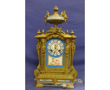 C19th French Japy Freres Sevres Style Gilt Spelter Mantel Clock, 2-train 8-day movement, half hour striking, decorated with m