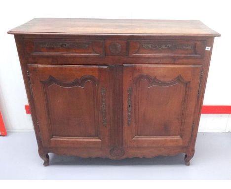 C19th 2-Door Side Cabinet, 2 upper frieze drawers, pair of shaped panel doors with iron fitting & internal shelf 